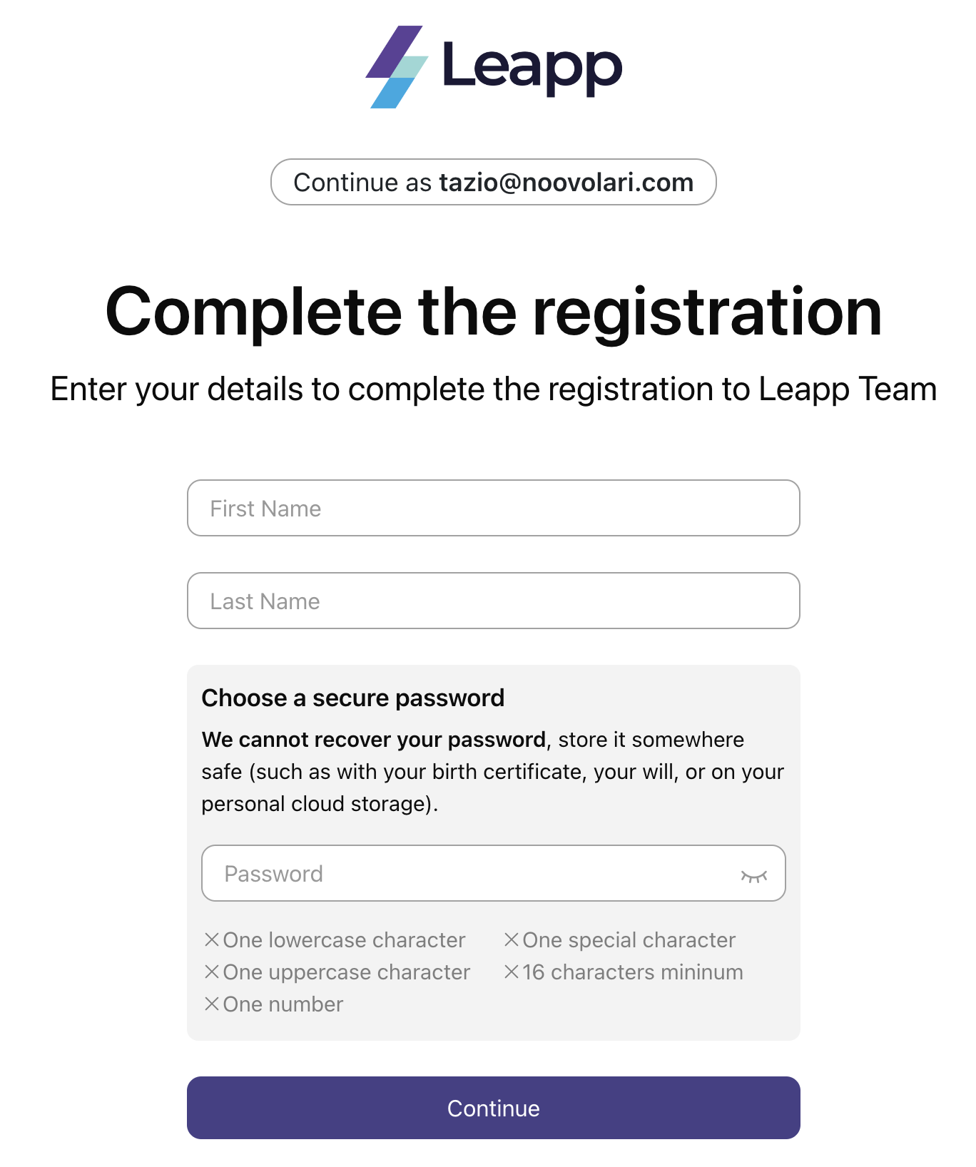 Sign-up page
